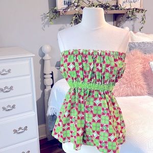 Summer Strapless Top Off Shoulder Lime Green Pink Fit & Flare Women Small Medium